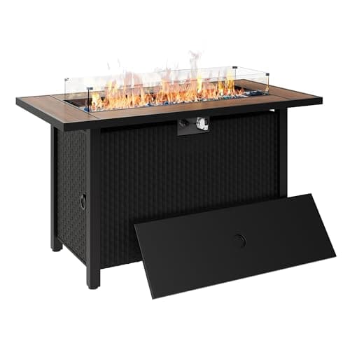 45 inch Propane Fire Pit Table, 50,000 BTU Outdoor Gas Fire Pit Table with Lid, Glass Wind Guard, Waterproof Cover, Rectangle Gas Firepit Table for Garden/Patio(Walunt)