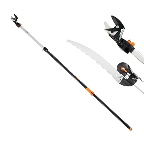Fiskars 2-in-1 Extendable Tree Pruner and Pole Saw (Extends 7.9 - 12 feet) with Rotating Head, Pruning Stik Model with 15-Inch Double-Grind Saw Blade, and Double Locking System