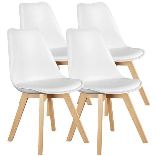 OLIXIS Set of 4 Dining Kitchen Mid-Century Modern Chairs with Wood Legs and PU Leather Cushion for Living Room Bedroom Outdoor Lounge, White