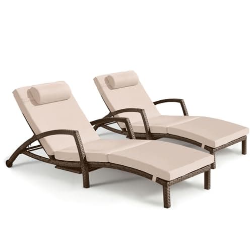 ZZWHOM Chaise Lounge Chairs Outdoor Set of 2, Comfy Outside Wicker Patio Pool Lounge Chair w/ 5 Adjustable Back Angle, Cup Holder, Thicken Cushion