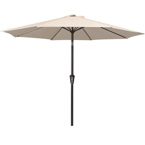 MEWAY 9ft Patio Umbrella Outdoor Table Umbrellas with Push Button Tilt and Crank, Market Umbrella 8 Sturdy Ribs for Deck, Garden, Pool and Backyard, Beige
