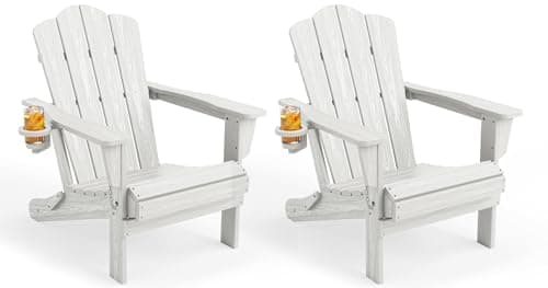 KINGYES Folding Adirondack Chair Set of 2, HDPE All-Weather Folding Adirondack Chair, White