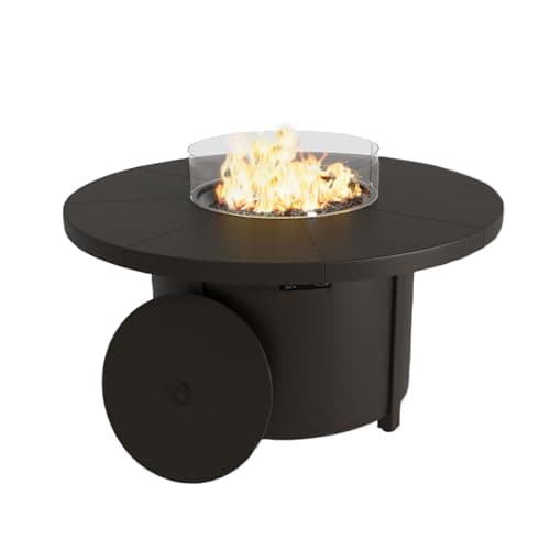 Trumbeak 48" Round Propane Fire Pit,Steel Tabletop Fire Pit w Lava Rocks,55000 BTU Auto-Ignition Gas Fire Pits with Lid & Windproof Glass for Outdoor,Patio,Backyard