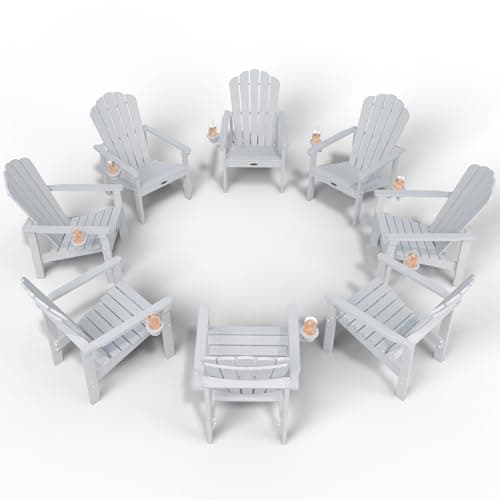 THOEOE Stackable Adirondack Chair Set of 8, HDPE All-Weather Adirondack Chairs - Durable and Space Saving, Plastic Outdoor Fire Pit Chairs with Cup Holder,White
