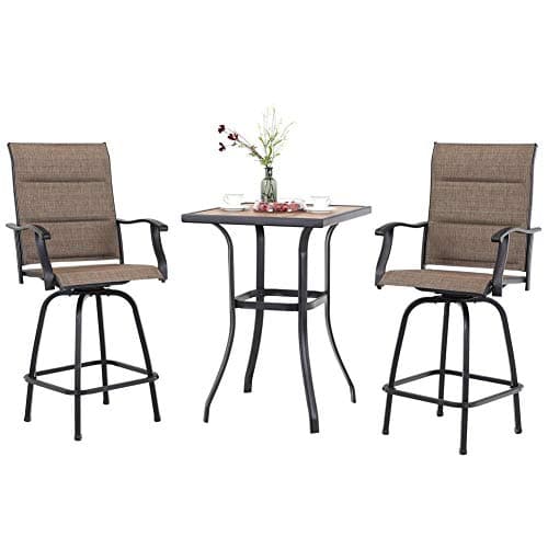 PHI VILLA 3 Piece Outdoor Swivel Bar Stools Set, Bar Height Patio Set with 2 Padded Textilene Fabric Chairs, All-Weather High Top Patio Bistro Table and Chairs Furniture, Brown