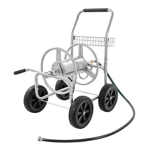VEVOR Hose Reel Cart, Hold Up to 250 ft of 5/8’’ Hose, Garden Water Hose Carts Mobile Tools with 4 Wheels, Heavy Duty Powder-Coated Steel Outdoor Planting with Storage Basket, for Garden, Yard, Lawn