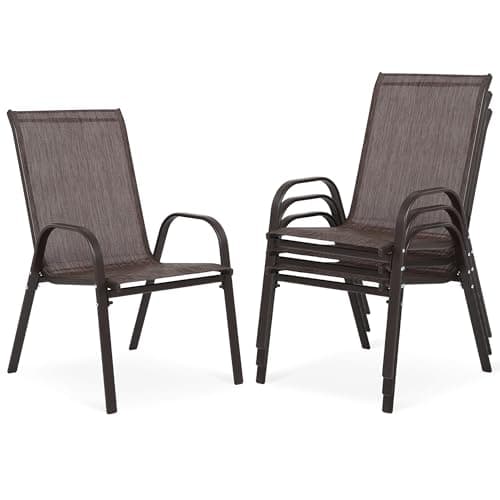 Villeston Outdoor Stackable Chairs Set of 4, Stacking Patio Chairs with Textilene Fabric, Outside Furniture for Garden Backyard Balconie Poolside Deck, Brown