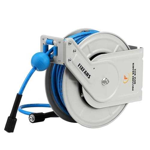 FIXFANS Pressure Washer Hose Reel with Hose, 1/4" × 60ft Retractable Power Washer Hose Reel, Heavy Duty Hose Reel Auto Rewind, Wall Mounted, 3600 PSI