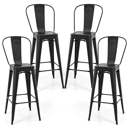 COSTWAY 30'' Metal Bar stools Set of 4, with Removable Back,Bar Height Stools with Rubber Feet, Stylish and Modern Chairs, for Kitchen, Dining Rooms, and Side Bar (Black-Update, 30'')