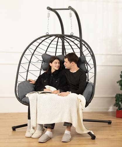 Double Egg Chair with Stand Hammock Swing Chair Foldable Hanging Loveseat, UV Resistant Removable Cushions, 700LBS Capacity for Bedroom, Balcony, Garden(BK-GR)