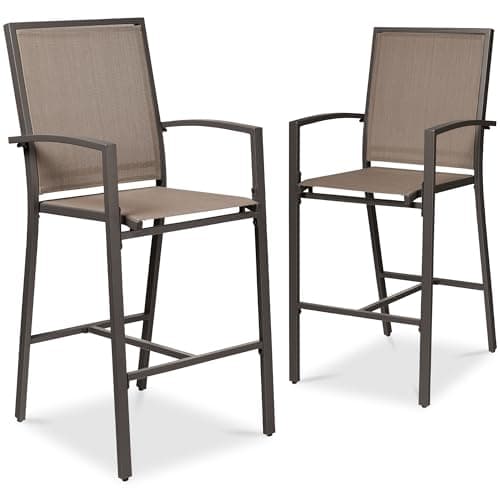 Best Choice Products Outdoor Bar Stools Set of 2, Bar Height, Patio Furniture, All Weather Mesh Design w/Armrest - Brown/Brown