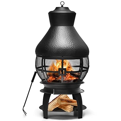 Giantex Wood Burning Chiminea, Heavy Duty Fireplace Chiminea Wooden Fire Pit with 2-Piece Log Grate, Premium Rain Cap & Fire Poker, 360°Fire Retardant Mesh Cover, Ideal for Garden, Patio, Backyard