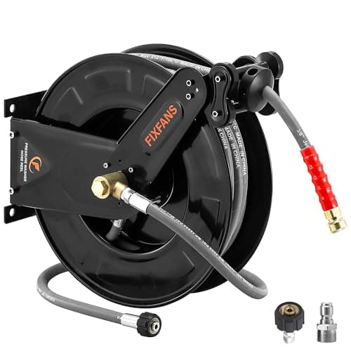 FIXFANS Pressure Washer Hose Reel with Hose for Hot and Cold Water, 3/8" X 50 FT Steel Auto-Retractable High Power Wash Hose Reel, Heavy Duty Hose Reel - Wire Braided Hose 4000 PSI, Black
