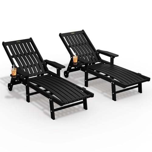 THOEOE Patio Chaise Lounge Chair Set of 2, Oversized Lounge Chair Outdoor with 5 Positions, HDPE, Patio Lounge Chair with Wheels & Cup Holder for Pool, Deck, Poolside,Black