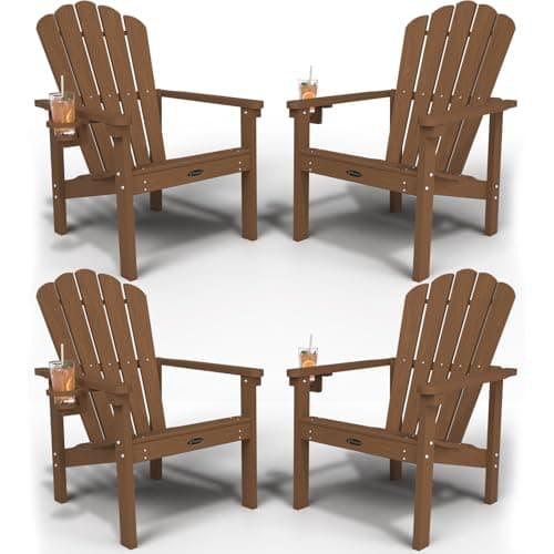 THOEOE Stackable Adirondack Chair Set of 4, HDPE All-Weather Adirondack Chairs - Durable and Space Saving, Plastic Outdoor Fire Pit Chairs with Cup Holder,Wood