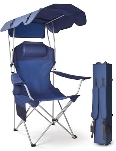 East Oak Camping Chair with Canopy | 25'' High Back Folding Beach Chair with Canopy Shade, Removable Headrest, Cup Holder, Side Pocket, 330 lbs Heavy Duty for Sports Events, Fishing