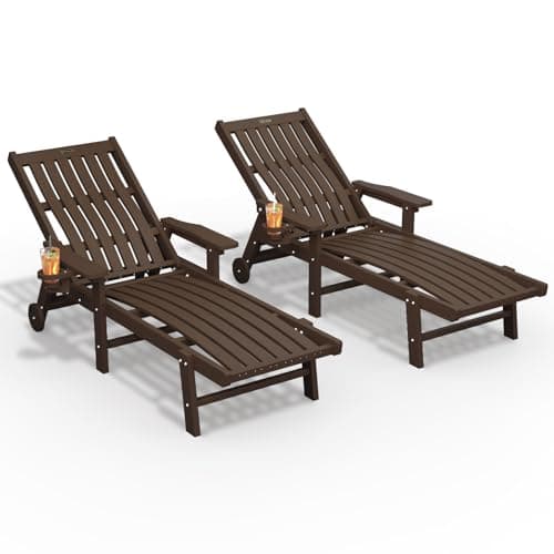 THOEOE Patio Chaise Lounge Chair Set of 2, Oversized Lounge Chair Outdoor with 5 Positions, HDPE, Patio Lounge Chair with Wheels & Cup Holder for Pool, Deck, Poolside,Brown