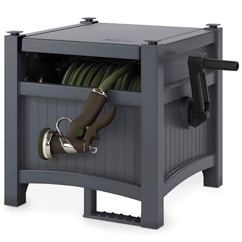 Suncast Garden Hose Hideaway Storage Reel Box, Cyberspace Grey – Resin Outdoor Container, Holds up to 100 Feet of 5/8 Inch Standard Vinyl Water Line – No Assembly Required