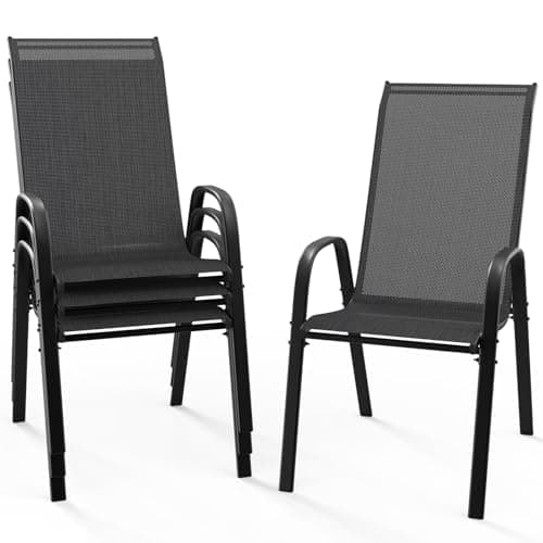 VINGLI Patio Chairs Set of 4 – Stackable Outdoor Dining Chairs with Comfortable Sling High Back Chairs and Armrests for Lawn, Poolside, Courtyard, Balcony, Garden, Black