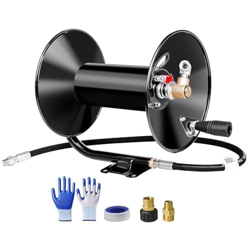 MEKOH Pressure Washer Hose Reel 100ftx3/8”/130ftx1/4”, 4000PSI Heavy Duty Power Washer Hose Reel with M22-14 Fitting, Hand Crank Metal Reel with Wall/Trailer/Van Mount, Manual Hose Reel for Water