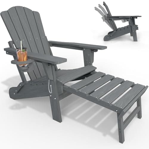THOEOE Adjustable Adirondack Chairs with Retractable Ottoman, HDEP Folding Adirondack Chair with Footrest & Cup Holder, All Weather Fire Pit Chair for Outdoor,Grey
