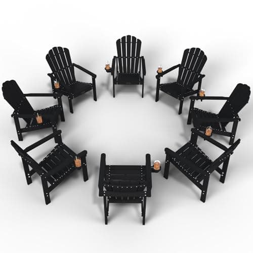 THOEOE Stackable Adirondack Chair Set of 8, HDPE All-Weather Adirondack Chairs - Durable and Space Saving, Plastic Outdoor Fire Pit Chairs with Cup Holder,Black