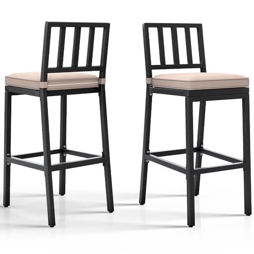 YITAHOME Outdoor Bar Stools Set of 2, Cushioned Metal Outdoor Bar Stools w/Vertical Stripe Back, All-Weather Patio Bar Stools for Balcony Backyard Porch Poolside