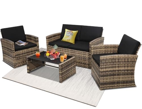 KROFEM 4-Piece Patio Furniture Set, Wicker Outdoor Rattan Sectional Sofa with Cushions and Glass Table, All-Weather Outdoor Conversation Set, Ideal for Garden, Porch, Backyard, Black