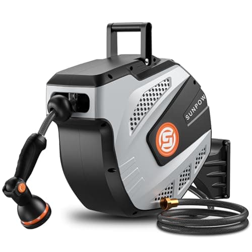 SUNPOW Retractable Garden Hose Reel - 1/2 inch x 50ft Wall Mounted Hose Reel with 3/4 inch Brass Fitting & 10 Function Sprayer Nozzle - Any Length Lock, Auto Rewind System, 180°Swivel Bracket - Grey