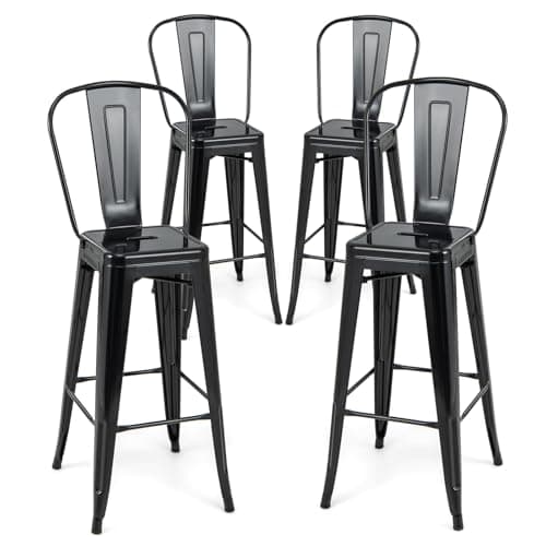 Giantex Metal Bar Stools Set of 4, 30" Bar Height Modern Industrial Barstools w/Removable Bucket Back & Footrest, High Back Bar Dining Chairs with Rubber Foot Pads for Kitchen Home Bar, Black