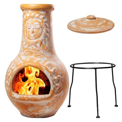 Wiosi Medium 𝗖𝗵𝗶𝗺𝗶𝗻𝗲𝗮 Outdoor Fireplace for Patio Clay Chimineas with Chimney Rain Lids and Solid Metal Stands - Yellow Terracotta Chimenea - Rustic Wooden Fire Pit Chimnea 16 x 16 x 32-inch