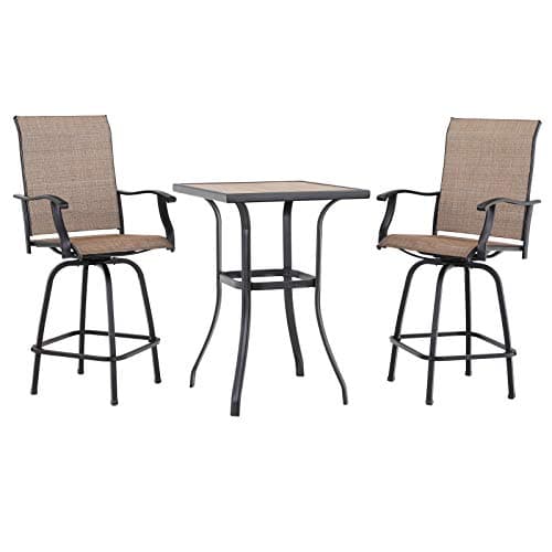 PHI VILLA 3 PCS Patio Swivel Bar Sets Textilene High Bistro Sets with 2 Outdoor Bar Stools and 1 Square Bar Table, Brown