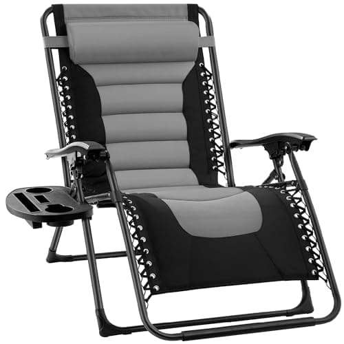 Best Choice Products Oversized Padded Zero Gravity Chair, Folding Outdoor Patio Recliner, XL Anti Gravity Lounger for Backyard w/Headrest, Cup Holder, Side Tray, Polyester Mesh - Gray