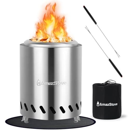Tabletop Fire Pit by AmazStove, Low Smoke Camping Stove for Outdoor Safe Burning Firepits, Mini Fire Pit, Fueled Pellets or Wood, Travel Bag Included (8.0 x 5.8 INCH-Silver)