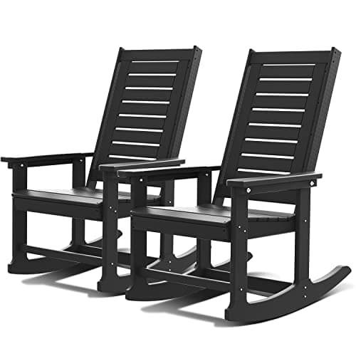 GREENVINES Outdoor Rocking Chairs | Set of 2 | Porch Rocker | HDPE Plastic | Black | Oversized Rockers | High Back | Big & Tall | Ladder Back | for Patio Outside Backyard Balcony
