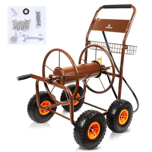 WERMAH 2025 Upgrade Hose Reel Cart, Hold Up to 300 ft of 5/8'', Garden Hose Cart with 4 Wheels, Heavy Duty Freestanding Water Hose Reels for Outside Garden Lawn Yard Outdoor