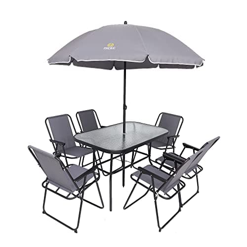 Nice C Outdoor Dining Sets, Patio Furniture Set, 8 Piece Set with Umbrella, Garden Outdoor Furniture Table Set with Removable Umbrella, Glass Table, and 6 Folding Chairs (Grey)
