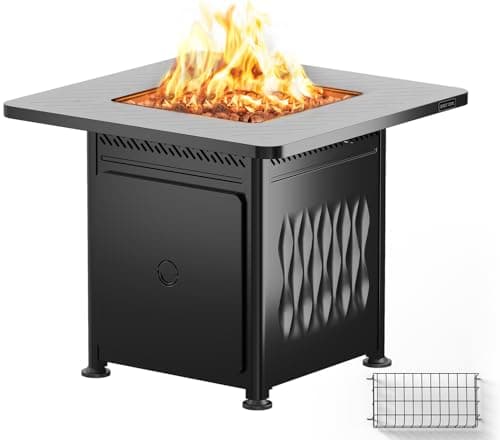 East Oak 28" Upgraded Outdoor Fire Pit Table | 52,000 BTU Fire Pit Table for Outside with Magnetic Lid | Storage Basket & Lava Rocks | CSA Certified for Patio, Garden & Backyard | Black