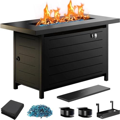 Ciays 43″ Propane Fire Pit with Glass Beads & Lid, 60,000 BTU CSA-Certified Gas Fire Pits with Cup Holders, Hanging Shelf & Nylon Cover, Large Fire Pit Table for Patio/Porch/Deck, Black