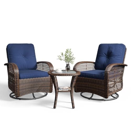 Aoxun 3 Pieces Patio Furniture Set, Patio Swivel Rocker Chairs Set of 2, Wicker Outdoor Bistro Set with Rocking Chair, Thickened Cushions and Table for Porch (Blue)