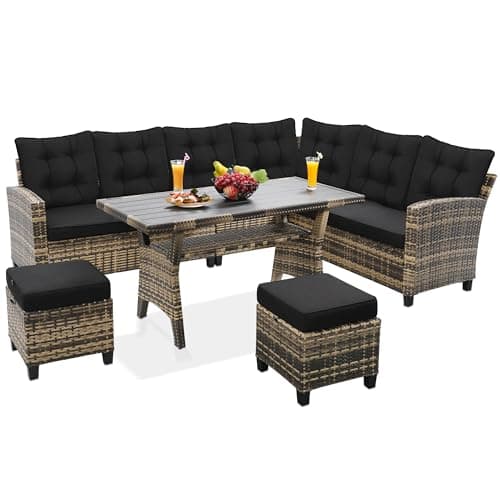KROFEM 6-Piece Patio Furniture Set, Outdoor Sectional Sofa with Dining Table & Chairs, All-Weather Dining Set with Removable Cushion Covers, Ideal for Garden, Porch, Backyard, Black
