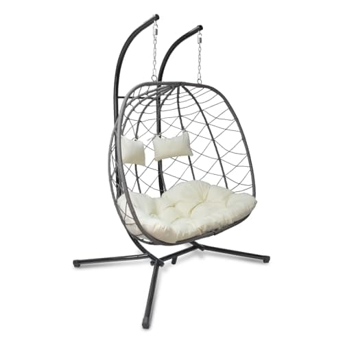 Egg Swing Chair with Stand, Outdoor Patio 2 Person Hanging Wicker Hammock Chairs with Cushion for Indoor Bedroom, Lawn, Garden