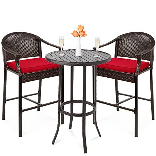 Best Choice Products 3-Piece Patio Bar Table Set, Outdoor Wicker Bar Height Bistro Furniture for Backyard, Poolside, Balcony w/Barstools, Cushions, Steel Frame – Brown/Red