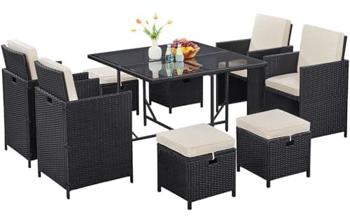 Yaheetech 9-Piece Patio Dining Sets, Outdoor Space Saving Rattan Chairs with Glass Table, Wicker Sectional Conversation Furniture Set with Removeable Cushions, Black/Beige