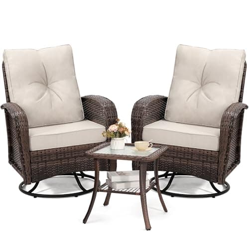 wildformers Luxury Outdoor Swivel Wicker Glider Patio Chairs with Table Set, Overstuffed Washable Cushions, Ideal for Porch, Balcony, Deck, Brown Rattan and Beige Cushion