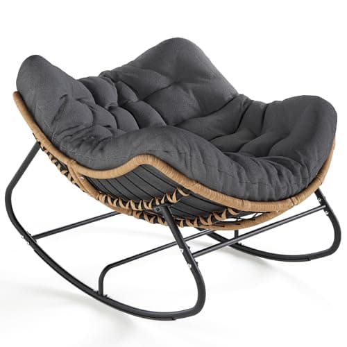 SWITTE Outdoor Rocking Chair, Oversized Patio Papasan Rocker, Comfy Wicker Reading Lounge, Indoor Egg Chair for Bedroom, Living Room, Porch, Garden, Lawn-Dark Grey