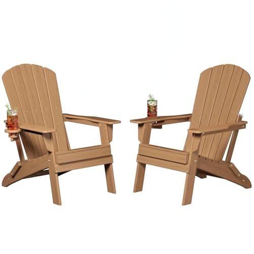 Plawdlik Folding Adirondack Chair Set of 2,Cup Holder,SGS Tested, Wooden Textured,Heavy All-Weather HDPE Comfortable Set,Poolside Backyard Lawn Use,Teak