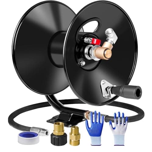 MEKOH Pressure Washer Hose Reel 50ftx3/8” / 65ftx1/4”, 4000PSI Heavy Duty Power Washer Hose Reel with M22-14 Fitting, Hand Crank Metal Reel with Wall/Trailer/Van Mount, Manual Hose Reel for Water