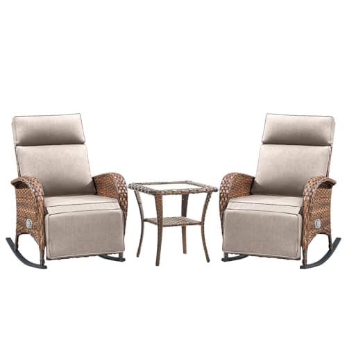Belord 3 Piece Wicker Patio Furniture Set - Outdoor Swivel Rocker Recliner Chair with Adjustable Backrest & Footrest, All Weather Reclining Lounge Chair with Thick Cushion for Pool Deck Garden Beige