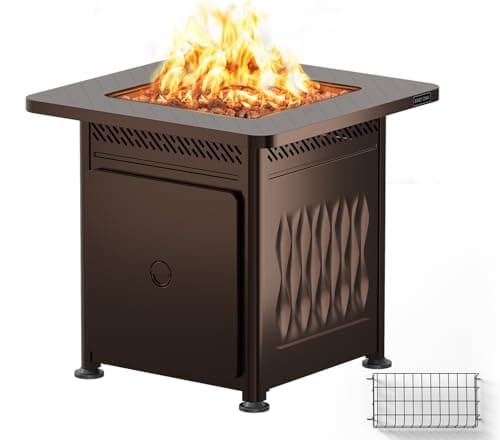 East Oak 28" Upgraded Outdoor Propane Fire Pit Table | 52,000 BTU Gas Fire Pit Table for Outside with Magnetic Lid | Storage Basket & Lava Rocks | CSA Certified for Patio, Garden & Backyard | Brown